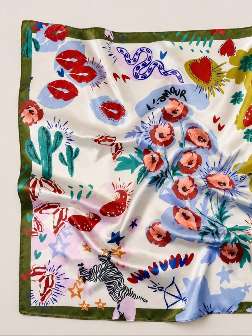 Floral & Whimsy Print Silky Scarf in Cream, Red, Green
